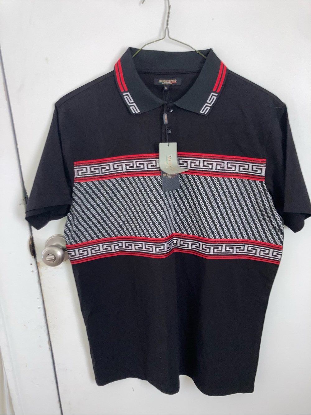 Black Polo Shirt with Red & White Geo Stripe - Modern Casual